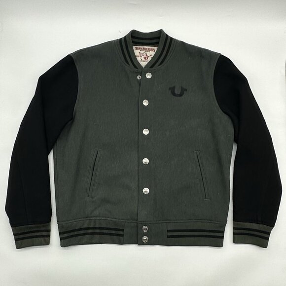 True Religion Varsity Men's Size XL Green Wool Blend Snap Button Bomber Jacket - Picture 1 of 12